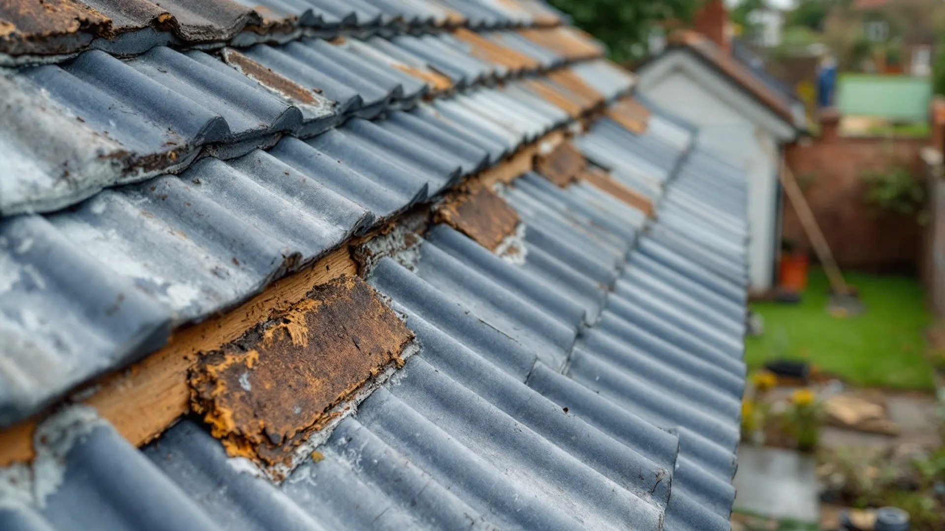 Corrugated cement fibre roof sheeting on an older garage roof