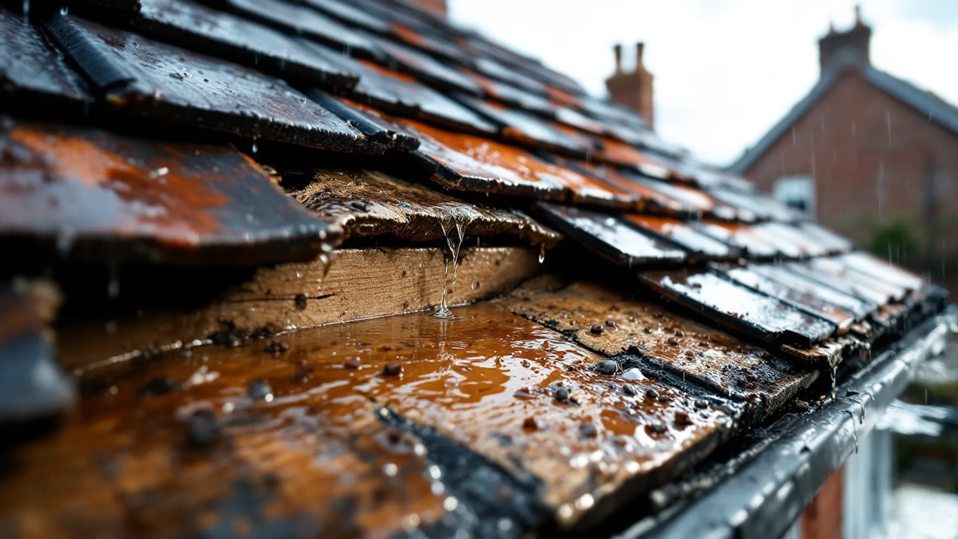 Roofer sheeting a section of storm-damaged roof to make it watertight
