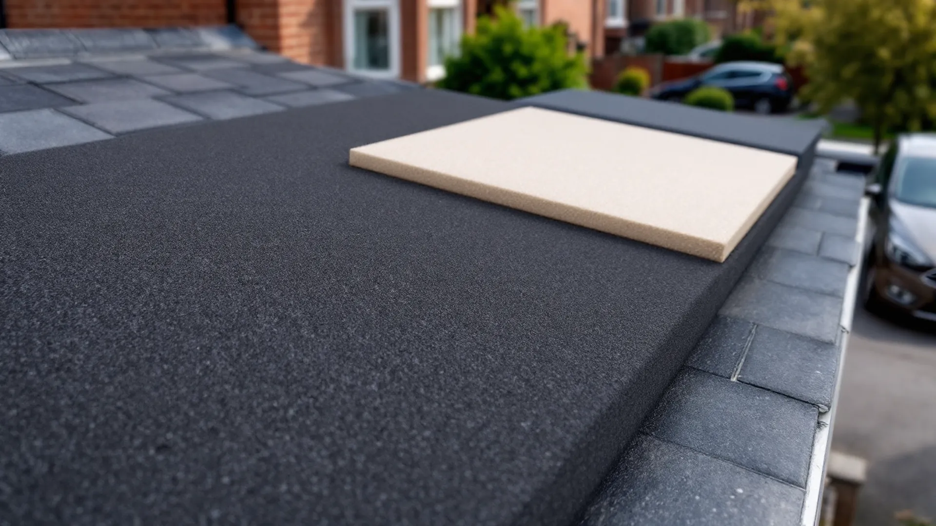 Roofer installing a rubber EPDM membrane on a flat roof extension