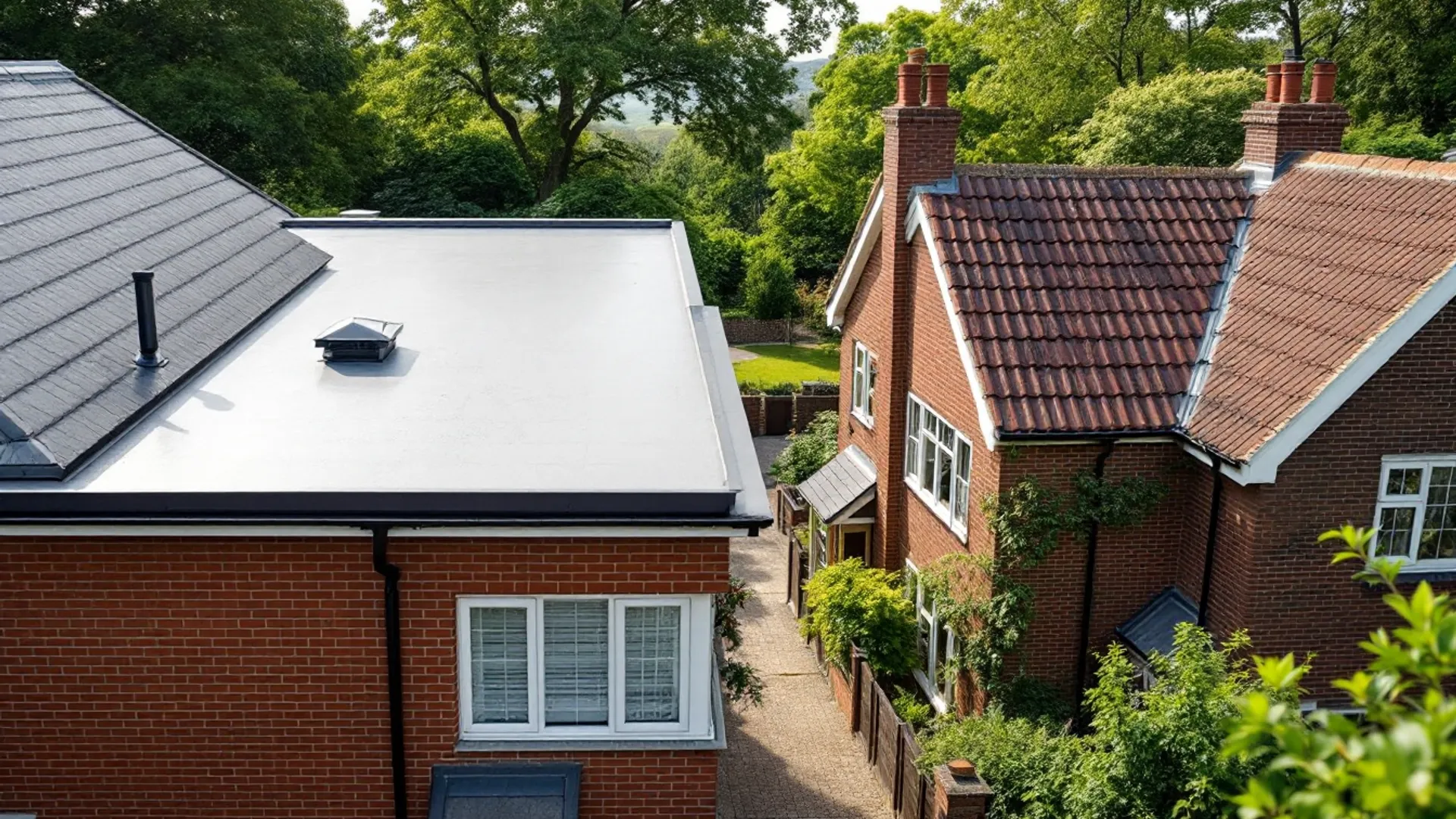 A flat-roofed extension next to a traditional pitched roof house