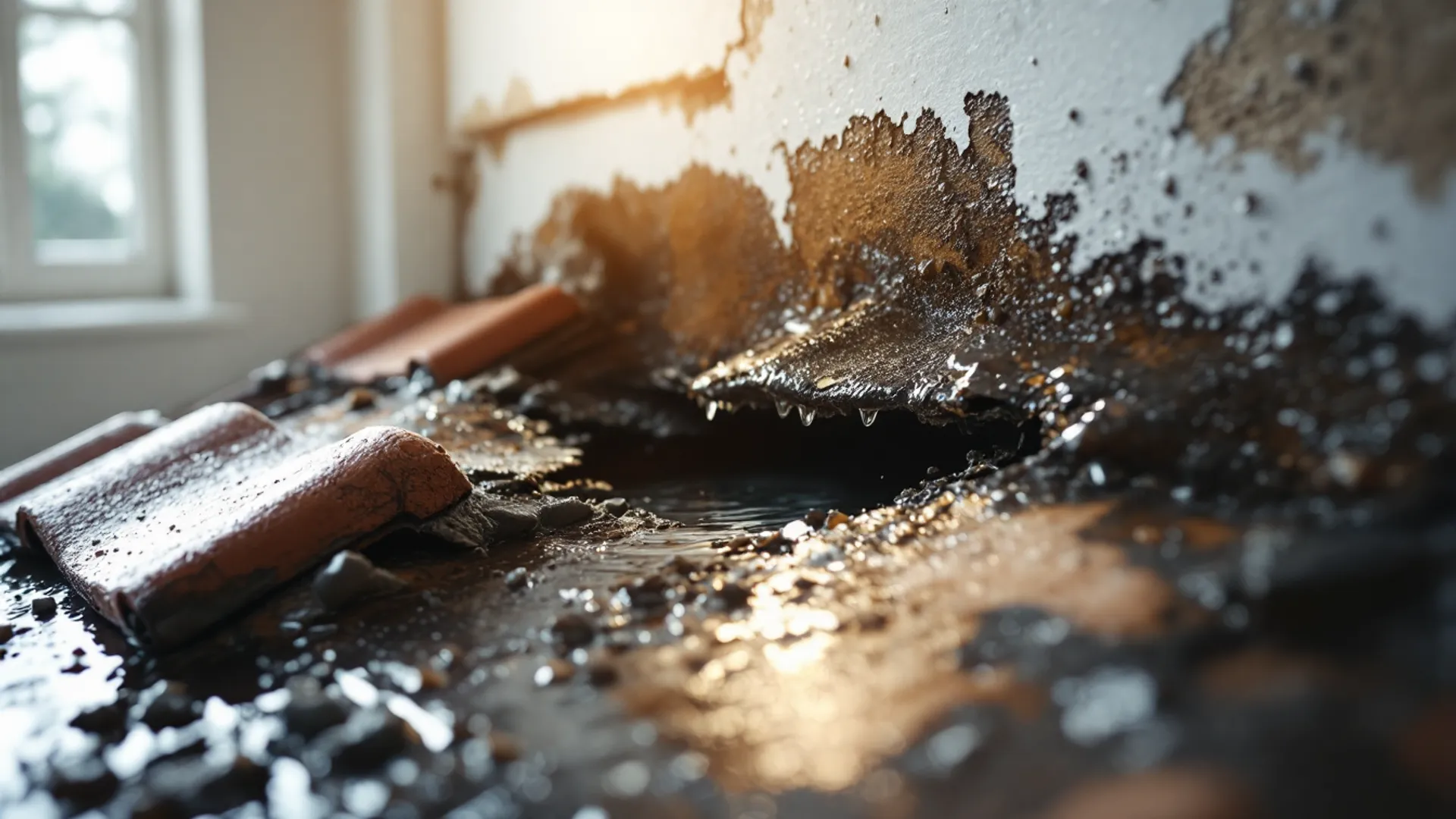 Roofer inspecting the underside of a pitched roof for the source of a leak