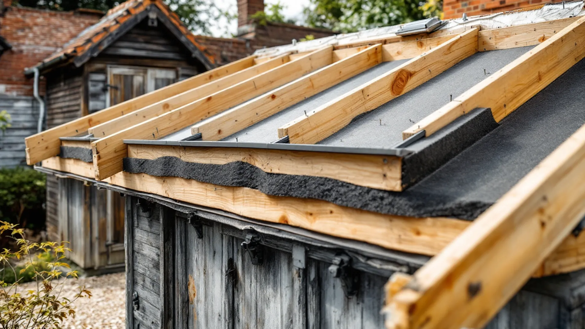 Roofer laying roofing felt across a shed roof with a torch-on tool