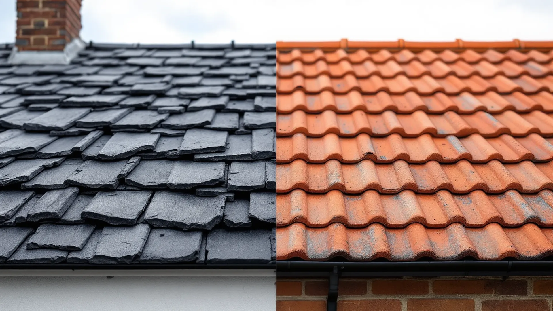 Close-up of natural slate roof tiles next to a section of concrete roof tiles