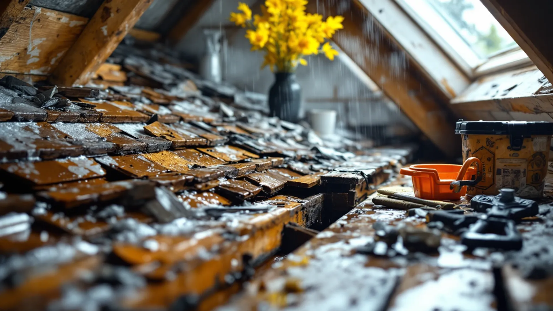 Roofer assessing storm damage to a roof with missing tiles