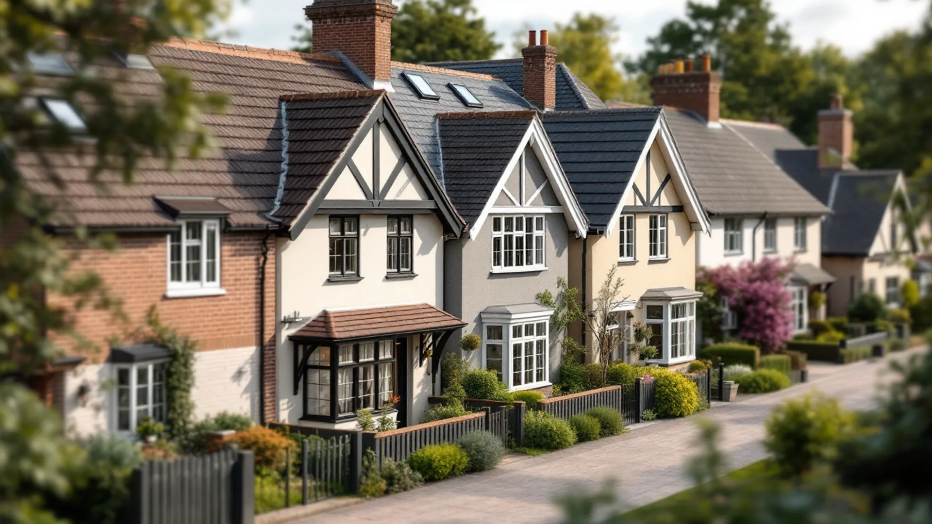 Rows of UK terraced houses showing a mix of pitched roof shapes